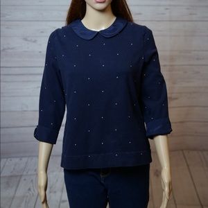 J Crew Top shirt poka dots zipper collar dark blue